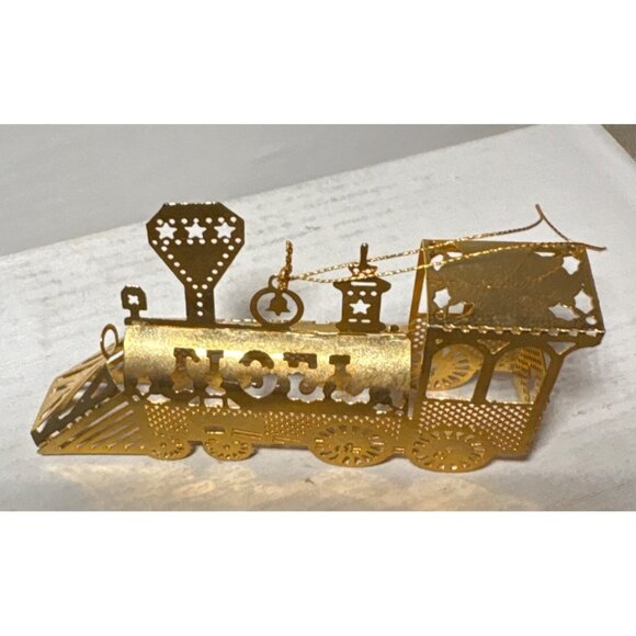 Train Christmas Ornament Gold Plated on Brass Noel Decoration Vintage - Picture 4 of 6